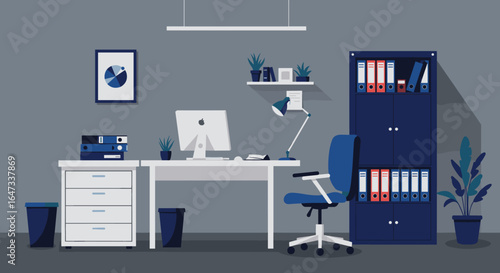Modern office workspace with desk, chair, and storage in minimalist style
