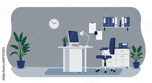 Modern minimalist office with blue accents and indoor plants