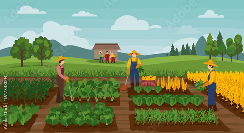 Lush vegetable farm scene with farmers tending crops in vibrant landscape