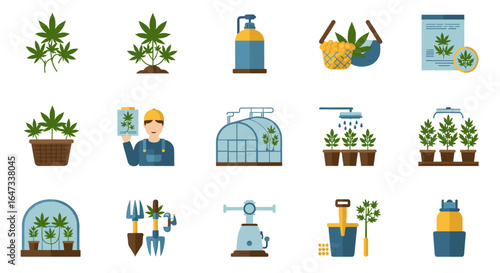 Cannabis cultivation elements with farming equipment and tools in flat style