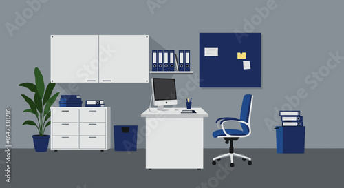 Modern office workspace with desk, chair, and plants in minimalist style