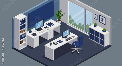 Modern isometric office interior with desks and computers