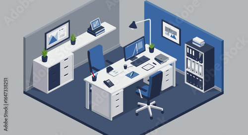 Isometric modern office workspace with dual monitors and minimalist decor