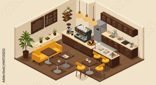 Cozy isometric cafe interior with modern decor and coffee setup