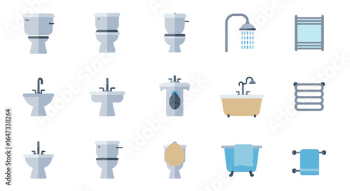 Modern bathroom fixtures collection in flat design: sinks, toilets, showers, and more