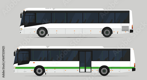 Modern flat design white coach bus with green stripe in side view on gray background