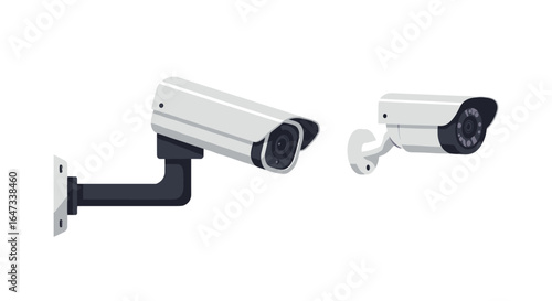 Modern surveillance cameras for security systems on white background
