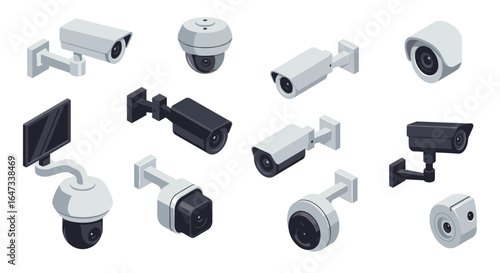 Collection of modern security cameras in isometric style