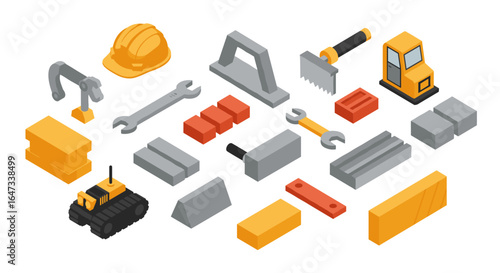 Isometric construction tools and machinery collection on white background