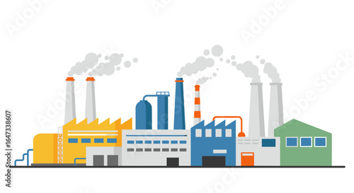 Flat industrial cityscape with factories and smokestacks against clear sky