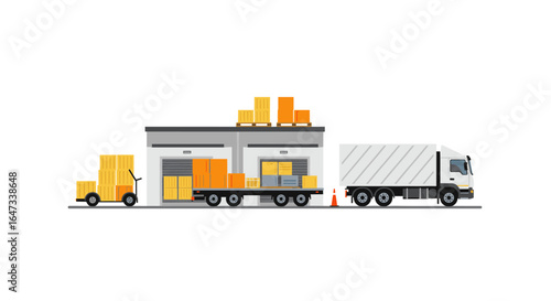 Warehouse logistics with delivery truck and cargo forklift in flat design