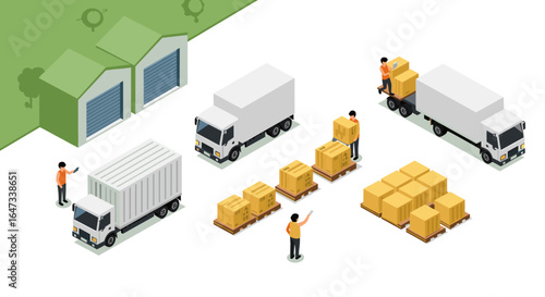 Isometric warehouse and delivery trucks with workers organizing boxes and pallets