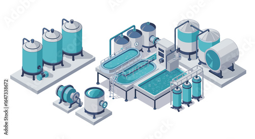 Isometric industrial water filtration system with tanks and pipelines