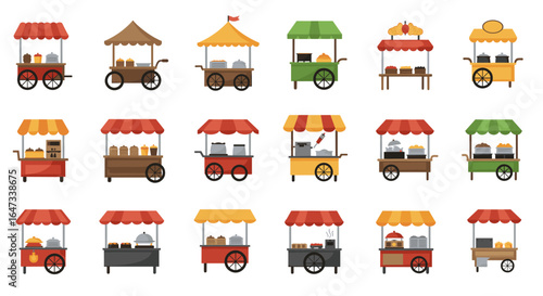 Diverse selection of colorful street food stalls with wheels and canopies