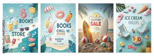 A vibrant summer theme showcasing various beach and vacation elements like drinks, books, and ice cream.