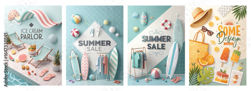 Colorful summer-themed ice cream parlor and sale promotional graphics featuring beach elements.