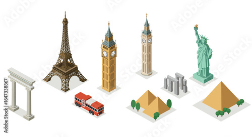 Isometric world landmarks with pyramids and famous structures