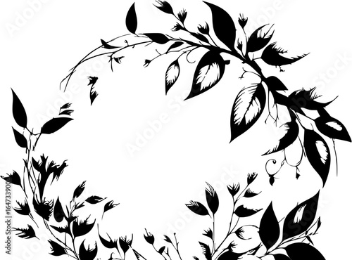 "Green leafy branches arranged in circular pattern, artistic illustration"