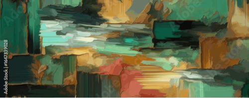 "Bold green and gold palette with layered paint texture"

