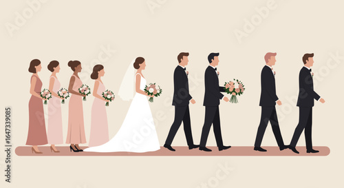 Elegant wedding party procession in minimalist style
