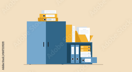 Organized office concept with stylish cabinets and folders on a neutral background