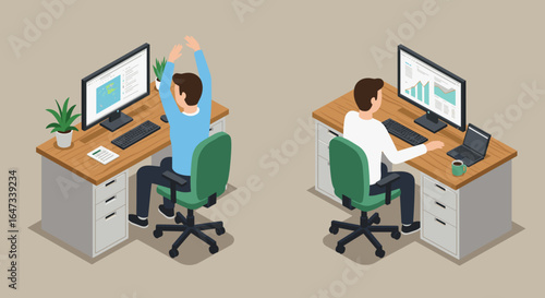 Isometric office workers analyzing data and celebrating success at desks