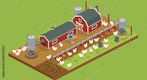 Isometric chicken farm scene with barns and feeders on green background