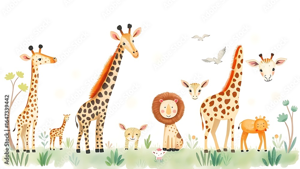 Obraz premium Soft pastel-toned watercolor safari animals in a gentle nursery wall art style.