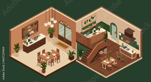 Cozy isometric café interior with wooden furniture and indoor plants