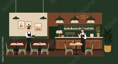 Cozy cafe interior with minimalist flat design and barista characters in apron