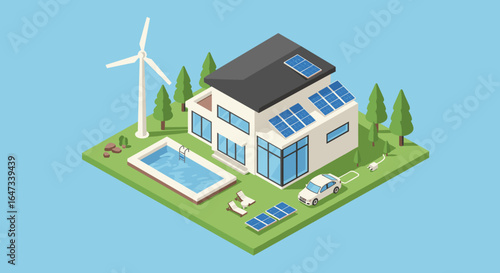 Eco-friendly isometric house with solar panels and sustainable features on a blue background