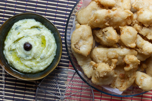 Traditional Greek Cuisine with Fried Cod and Skordalia Dip