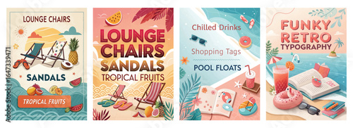 Colorful illustration of tropical-themed lounge chairs, drinks, and summer accessories in a vibrant setting.