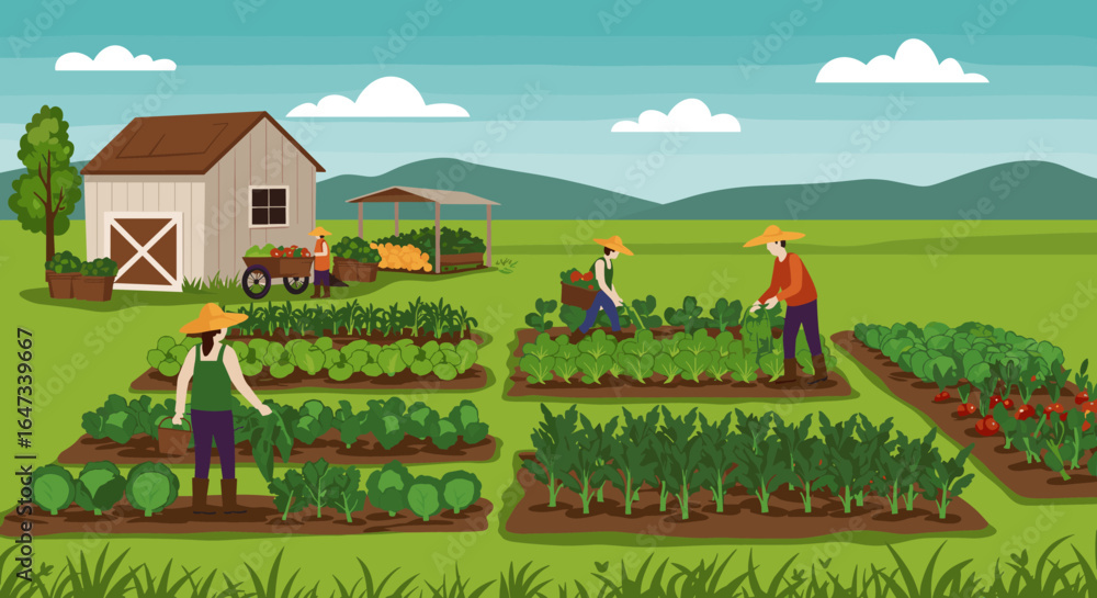 Naklejka premium Farmers tending to lush vegetable gardens on a sunny day