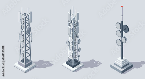 Isometric mobile cell towers on platform for telecommunications technology concept
