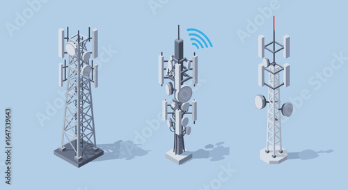 Isometric cell towers on blue background with signal waves