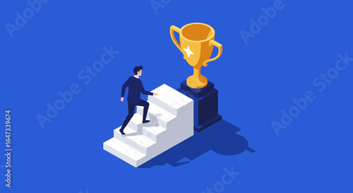 Professional growth concept with person climbing steps to trophy in isometric style