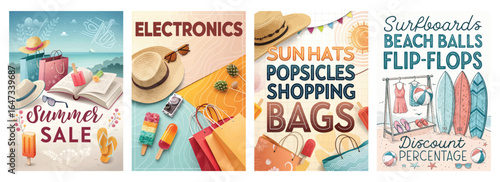 Colorful summer sale promotional graphics featuring hats, popsicles, and beach items.