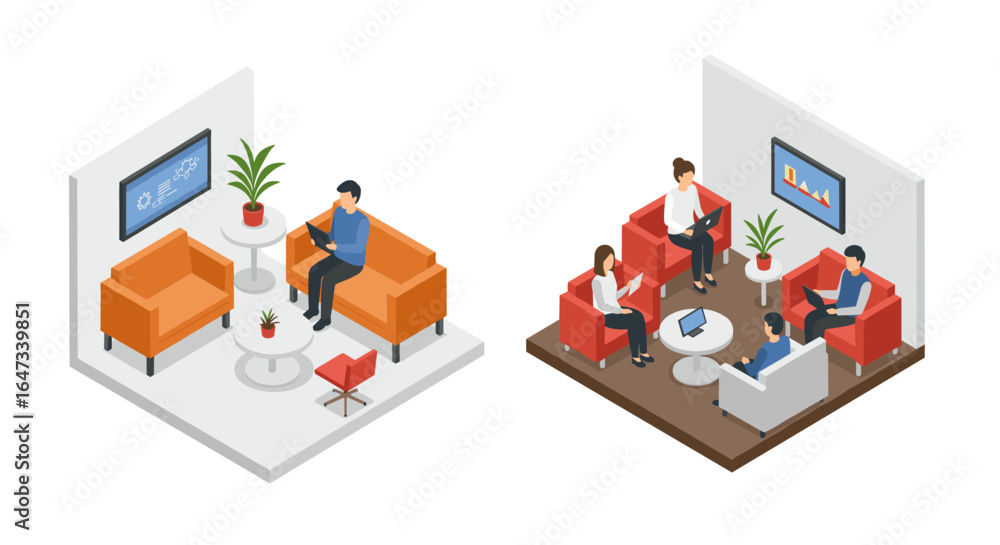 Modern isometric office scenes with people on orange and gray furniture