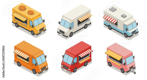 Colorful isometric food trucks collection with various designs and styles