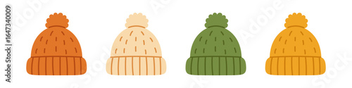 Vector set of knitted hats in different colors. Cozy warm winter headwear collection in flat design. Handmade wool accessories clipart. Winter and autumn colorful knitted woolen hats.