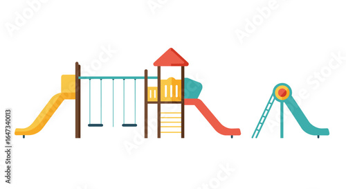 Colorful playground elements including slides and swings in flat design