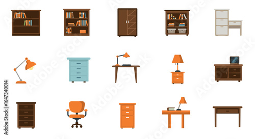 Modern office and home furniture collection with shelves, desks, and lamps