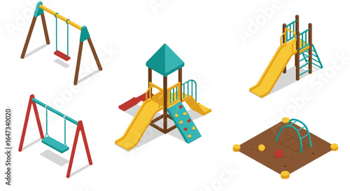 Colorful isometric playground equipment set featuring swings, slides, and climbing structures for kids
