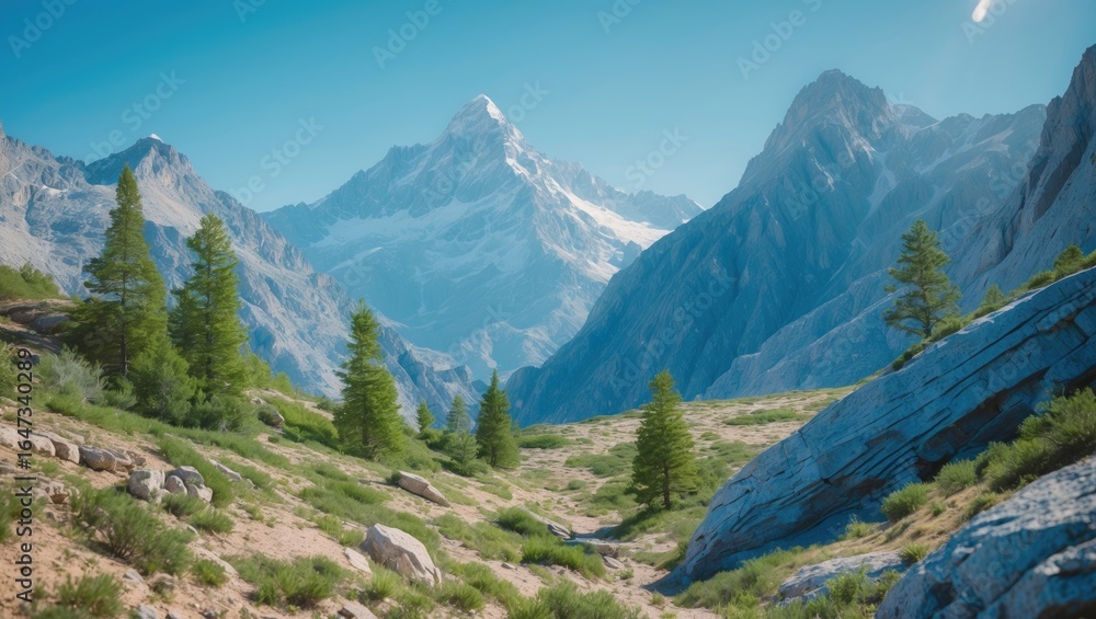Obraz premium Snow-capped mountains with lush green trees and rocky terrain.