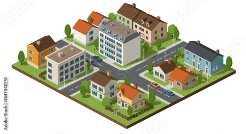 Charming isometric neighborhood with colorful houses and urban streets
