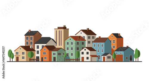 Charming colourful village houses with trees in flat style