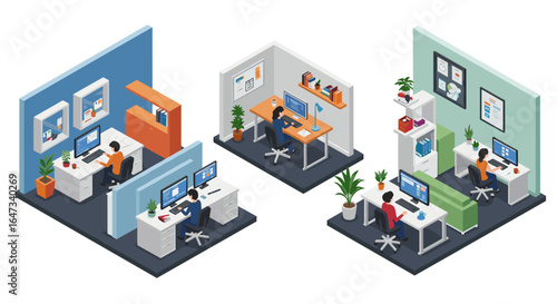 Modern isometric office layout with desk setups and workplace accessories