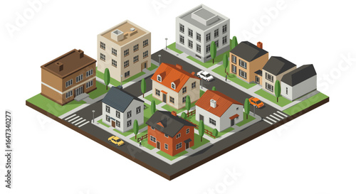 Charming isometric neighborhood scene with colorful houses and cars
