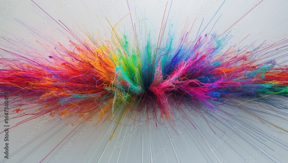 Fototapeta premium Colorful explosion of fibers or threads with bright streaks and splashes. Abstract artistic design. Vibrant and dynamic visual display.